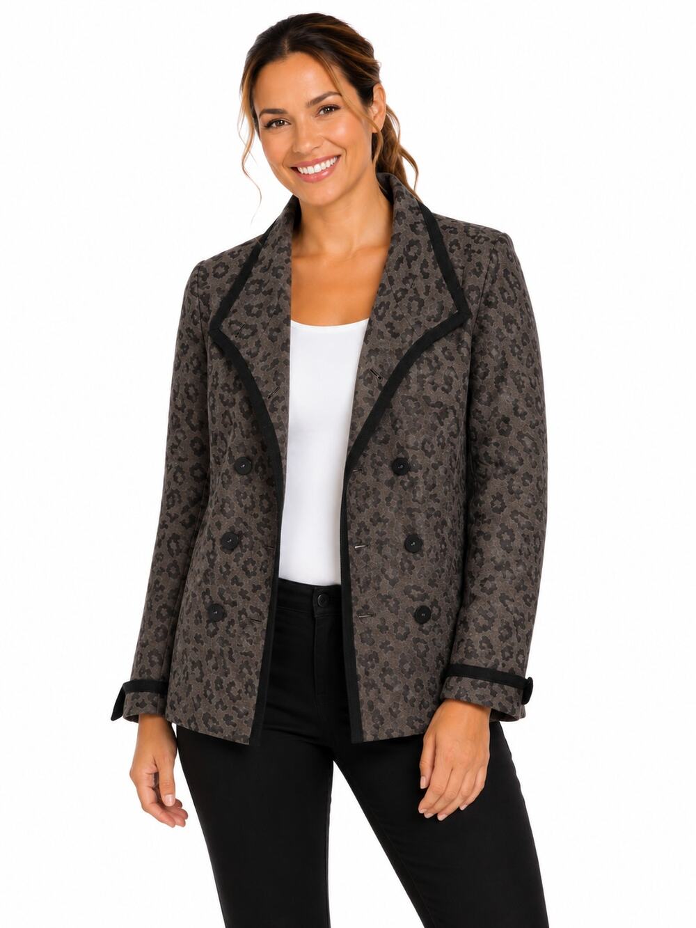 Nina McLemore Double Breasted Leopard Print Jacket Gray Black Size 8 Wool Blazer